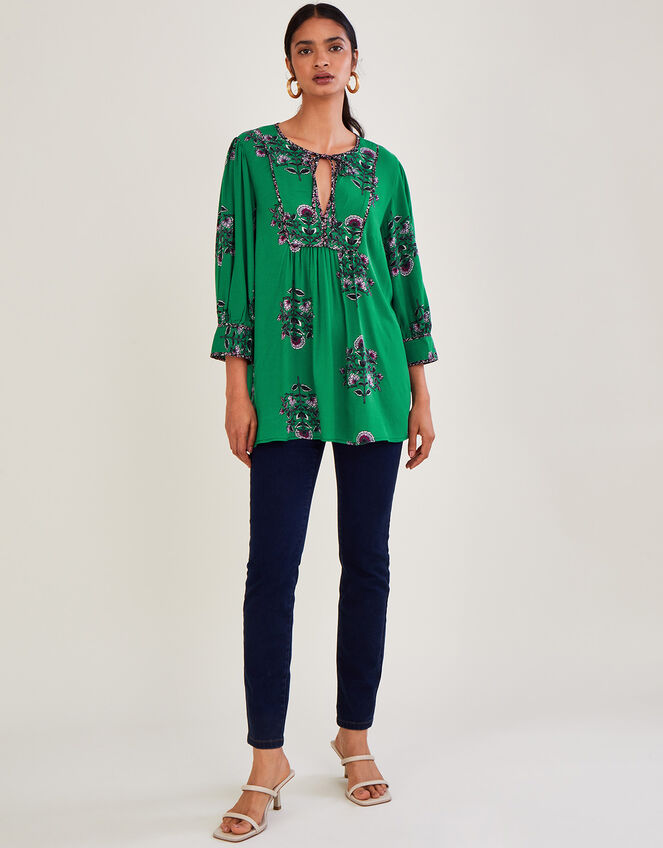 Floral Large Scale ¾ Sleeve Smock Blouse, Green (GREEN), large