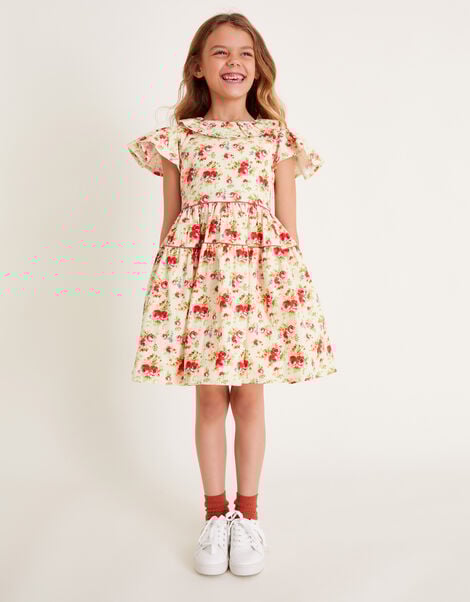 Frilly Short Sleeve Rose Print Dress, Pink (PINK), large