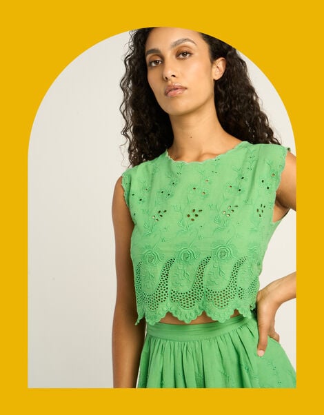 Petite Mendigote Tifaine Broderie Cropped Top, Green (GREEN), large