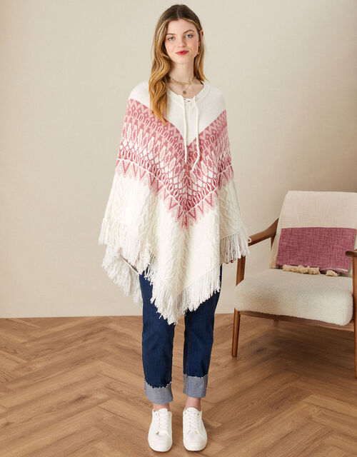Fairisle Print Cable Knit Poncho, Cream (CREAM), large