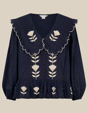 Talia Tulip Embroidered Scallop Collar Top, Blue (NAVY), large