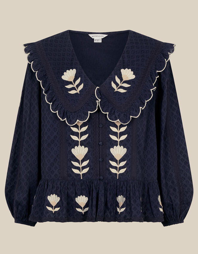 Talia Tulip Embroidered Scallop Collar Top, Blue (NAVY), large