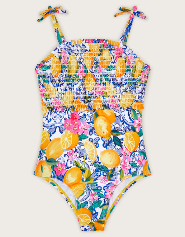 Lemon Print Smocked Swimsuit, Yellow (YELLOW), large