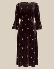 Emilee Floral Embroidered Velvet Midi Dress, Brown (CHOCOLATE), large