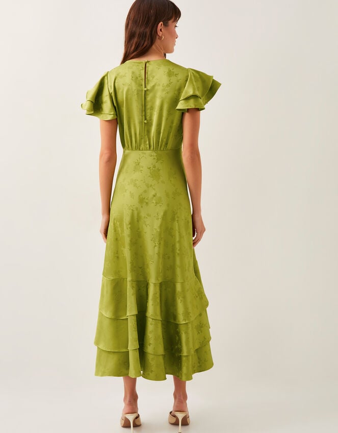 Ester Satin Ruffle Midi Dress, Green (OLIVE), large