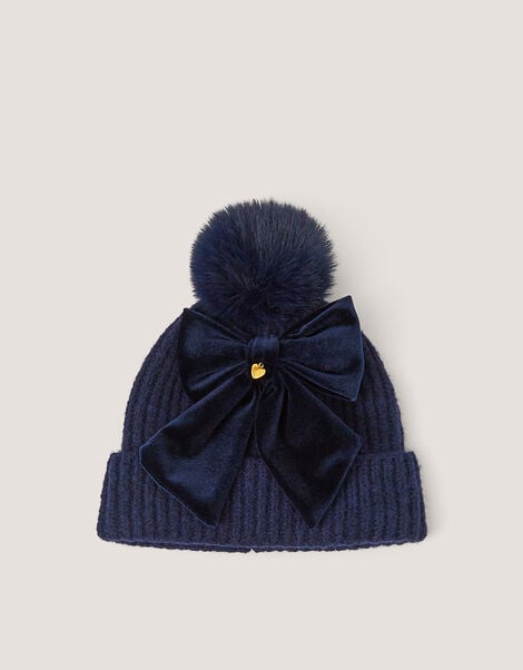 Velvet Bow Beanie Hat, Blue (NAVY), large