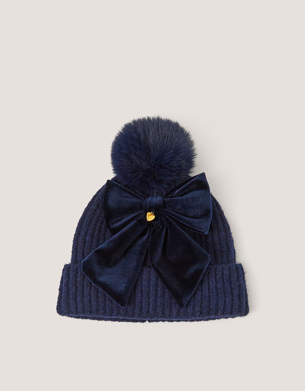 Velvet Bow Beanie Hat, Blue (NAVY), large