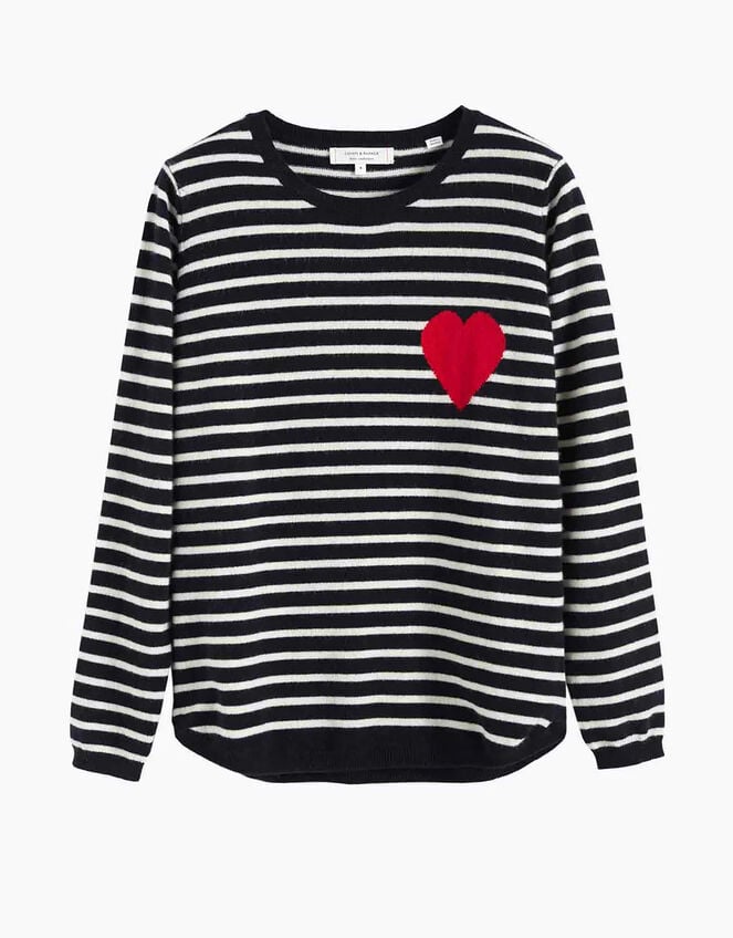 Chinti & Parker Heart Stripe Wool Jumper, Blue (NAVY), large