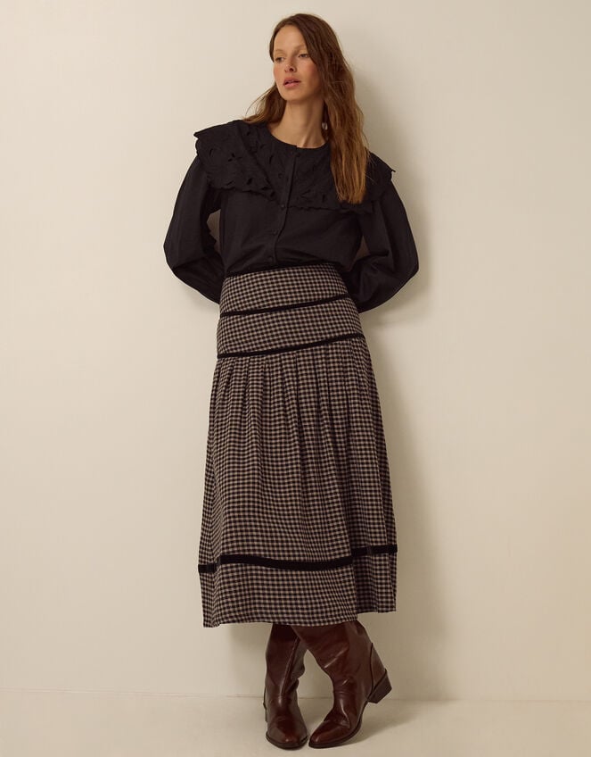 Elise Check Print Midi Skirt , Black (BLACK), large