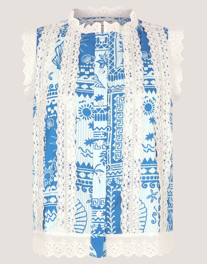 Soleil Print Lace Tank Top, Blue (COBALT), large