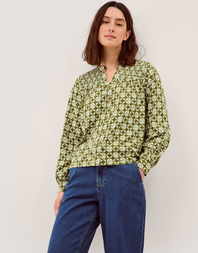 Kalani Geometric Jersey Blouse, Green (KHAKI), large