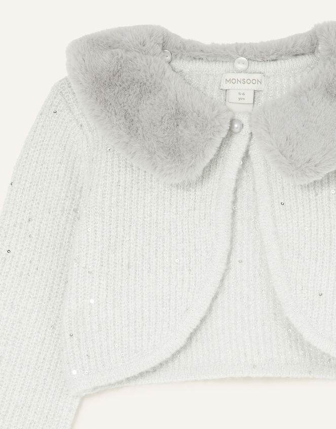 Fluffy Collar Sequin Cardigan, Gray (GREY), large