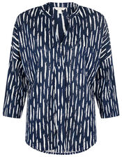 Printed Long Sleeve Top in Pure Linen, Blue (NAVY), large