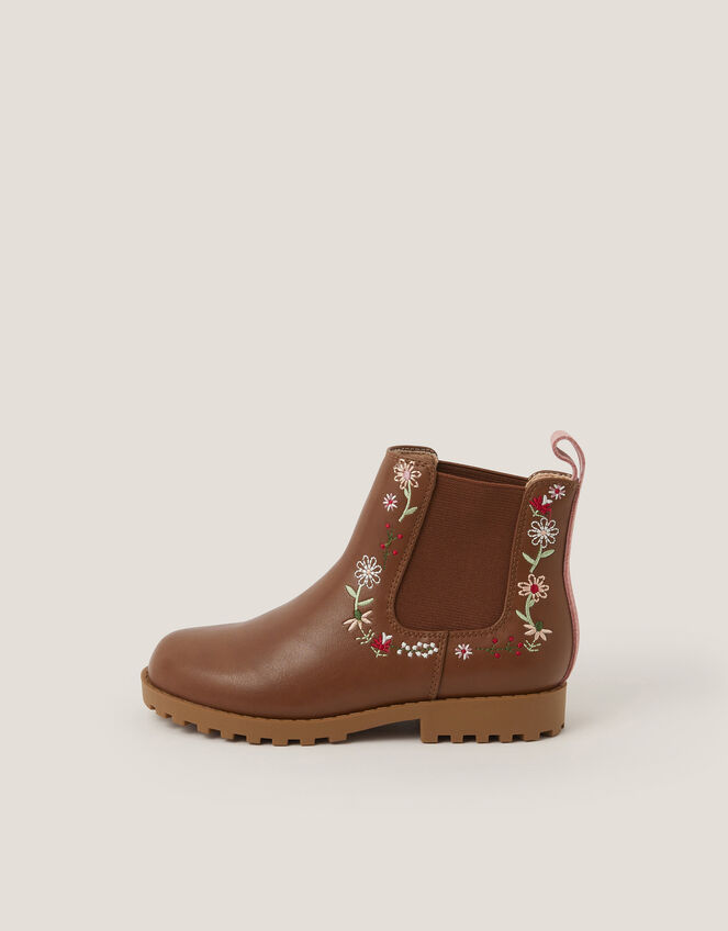 Flower Embroidered Chelsea Boots, Tan (TAN), large