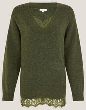 Leanne Lace V-Neck Jumper, Green (KHAKI), large