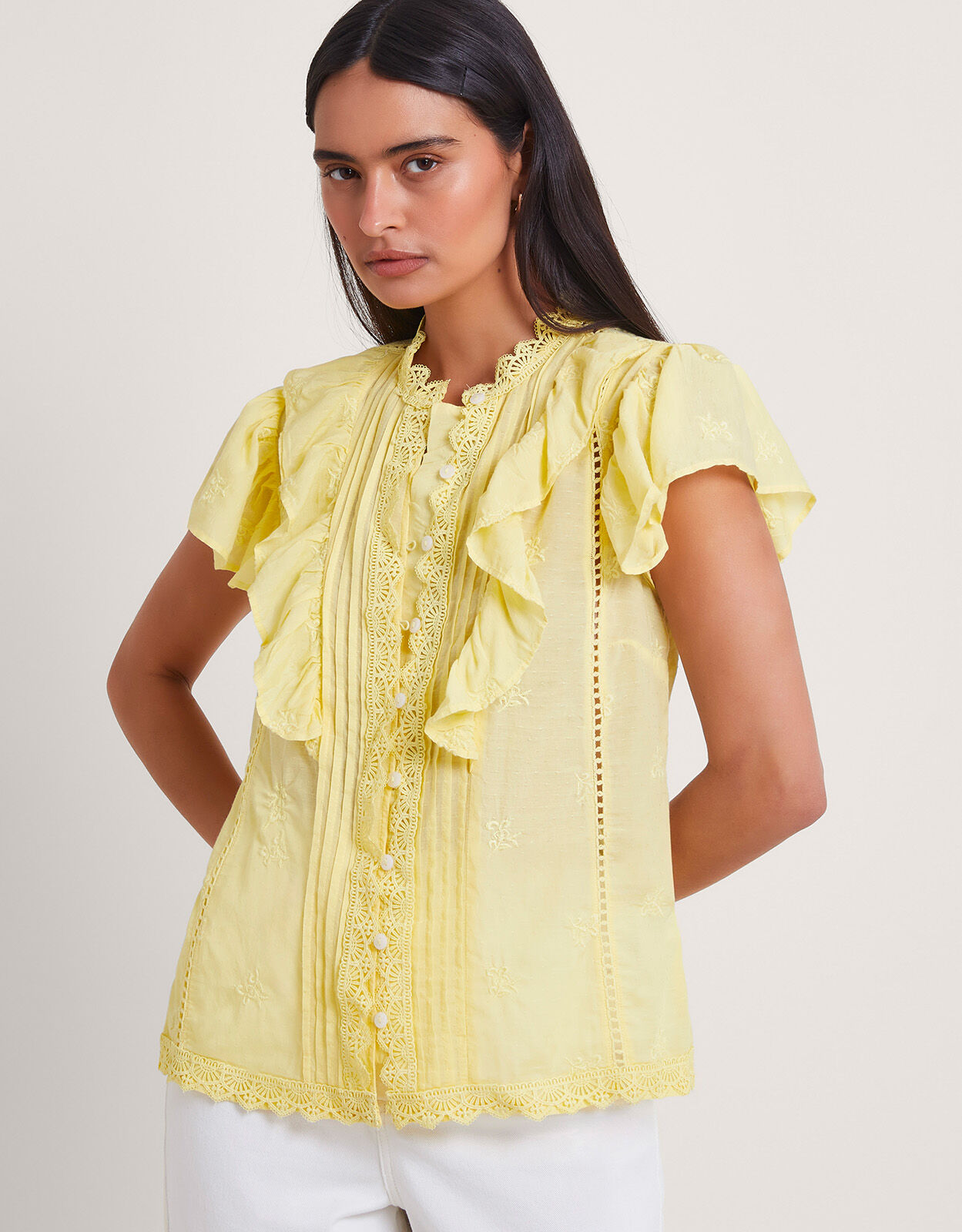 Rue Embroidered Ruffle Blouse Yellow