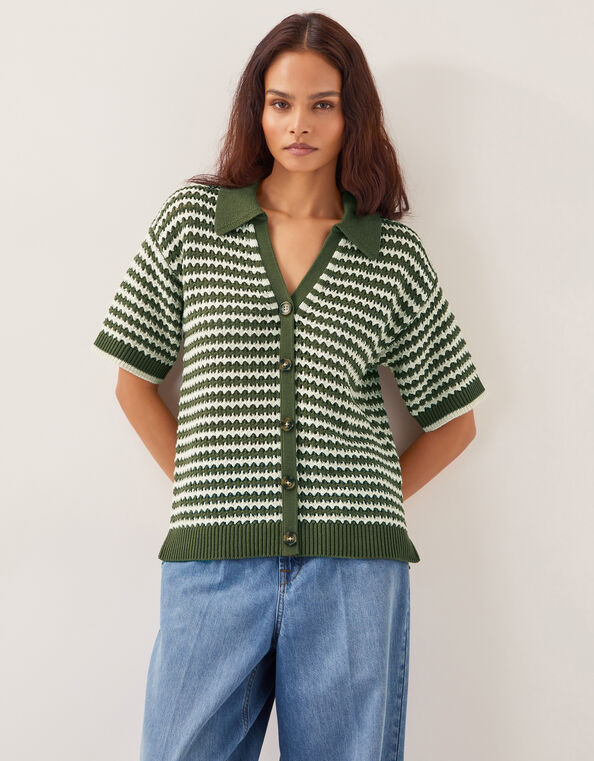 Cally Stripe Collar Sweater, Green (KHAKI), large