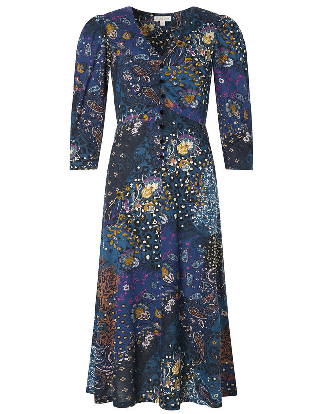 Printed Jersey Midi Dress with Organic Cotton, Blue (BLUE), large