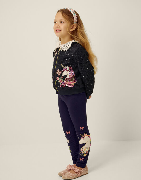 Embroidered Unicorn Leggings, Blue (NAVY), large