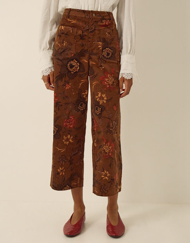 Princella High Waisted Cropped Floral Corduroy Trousers, Brown (BROWN), large
