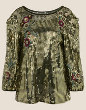 Celia Sequin Crop-Sleeve Blouse, Gold (GOLD), large