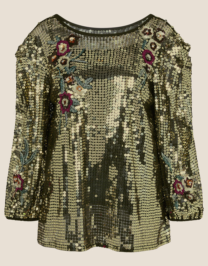 Celia Sequin Crop-Sleeve Blouse, Gold (GOLD), large