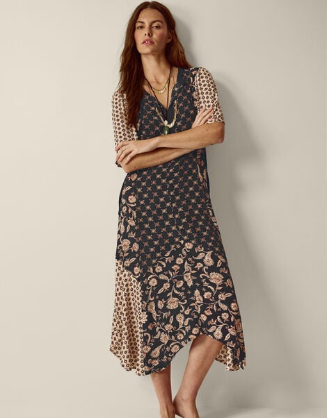 Raquel Patchwork Floral Print Midi Dress, Black (BLACK), large