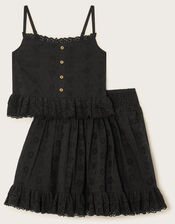 Floral Broderie Cami Top and Skirt Set, Black (BLACK), large