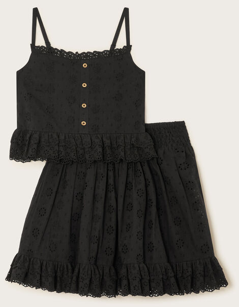 Floral Broderie Cami Top and Skirt Set, Black (BLACK), large