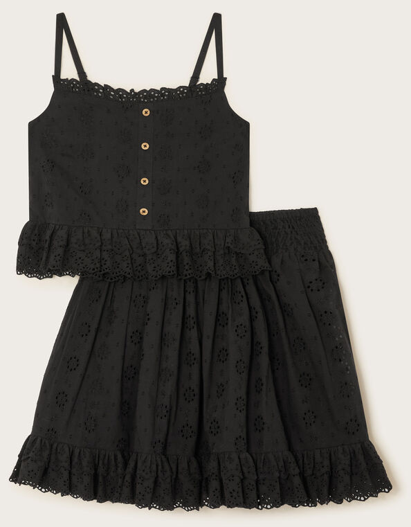 Floral Broderie Cami Top and Skirt Set, Black (BLACK), large