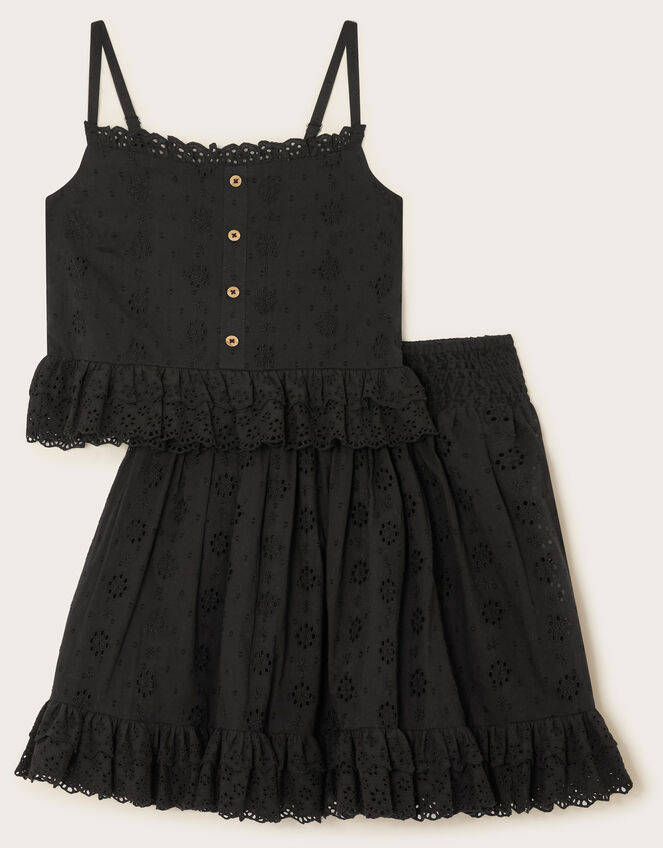 Floral Broderie Cami Top and Skirt Set, Black (BLACK), large