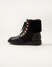Quilted Fur Trim Lace-Up Boots, Black (BLACK), large