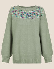 Embroidered Yoke Longline Jumper, Green (SAGE), large
