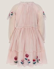 Floral Embroidered Scallop Tiered Dress, Cream (CREAM), large