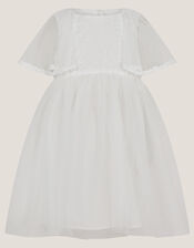 Baby Flutter Sleeve Floral Embroidered Tulle Dress, Ivory (IVORY), large
