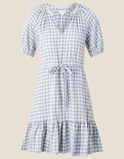 Gingham V-Neck Short Dress , Blue (BLUE), large