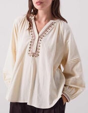 East Aralia Embroidered Cotton Blouse, Camel (BEIGE), large