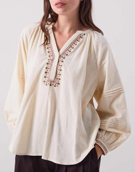 East Aralia Embroidered Cotton Blouse, Camel (BEIGE), large
