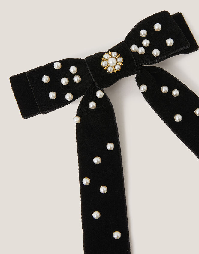 Pearly Velvet Ribbon Bow Hair Clip, , large
