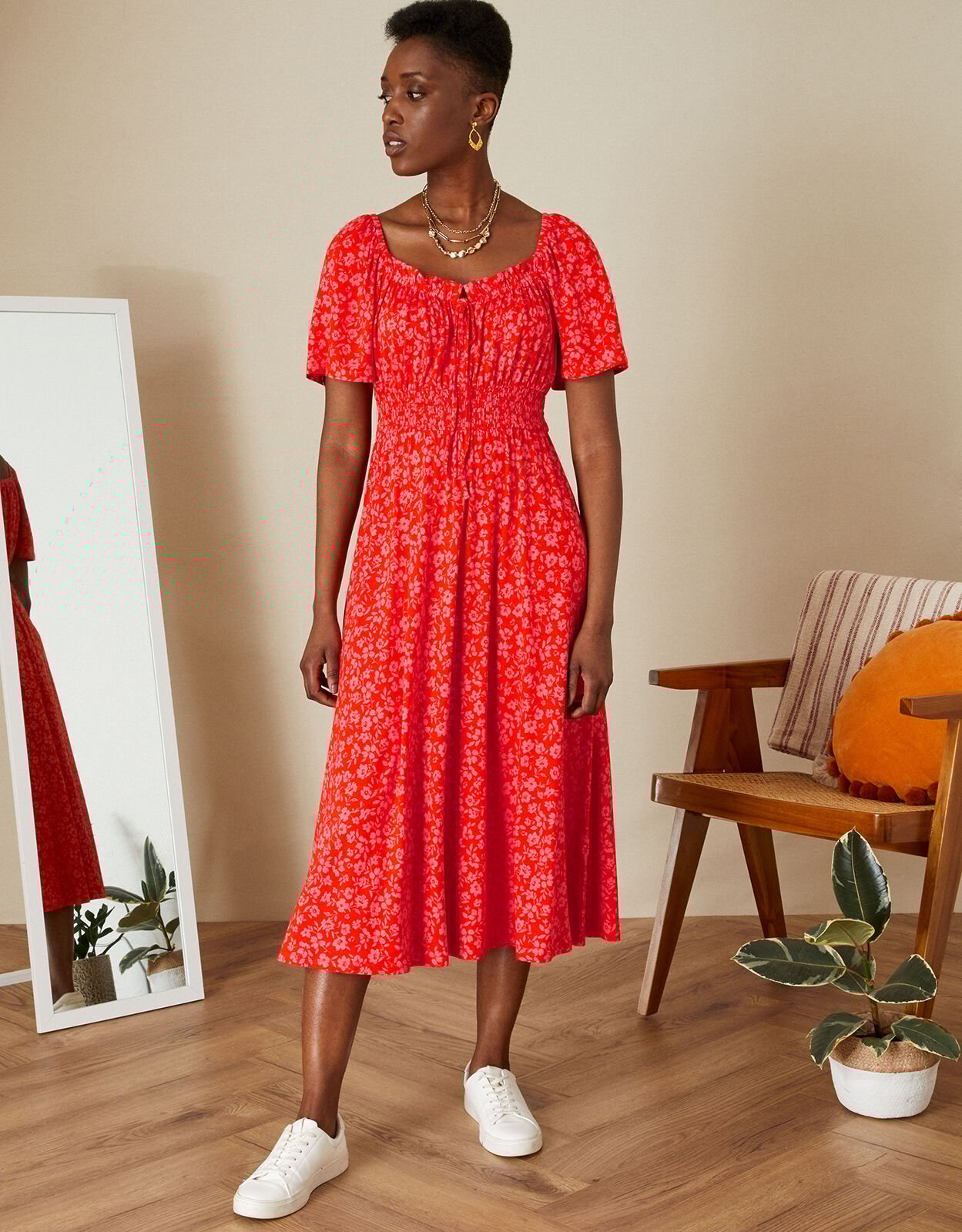 Ditsy Print Angel Sleeve Midi Jersey Dress Red