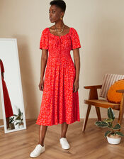 Ditsy Print Angel Sleeve Midi Jersey Dress, Red (RED), large
