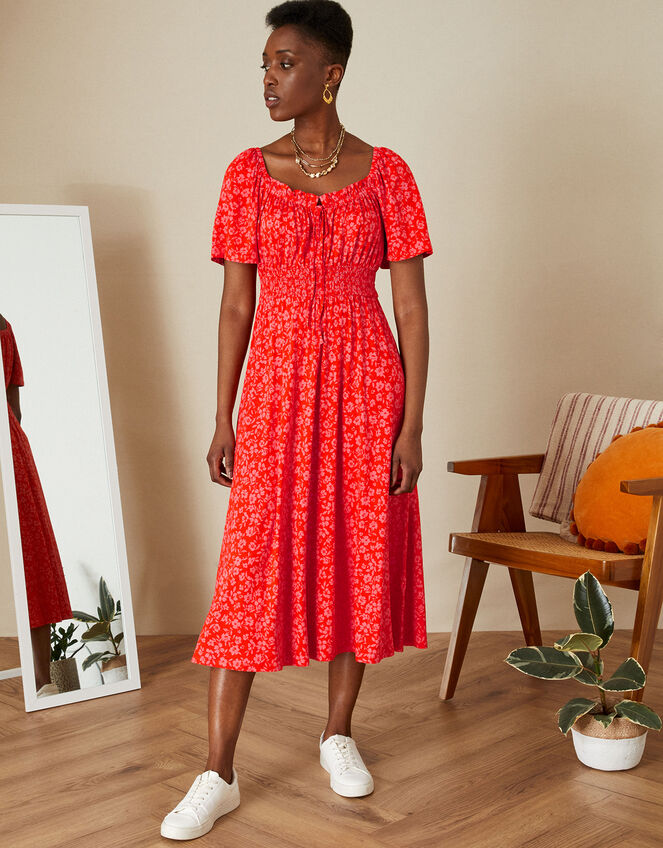 Ditsy Print Angel Sleeve Midi Jersey Dress, Red (RED), large
