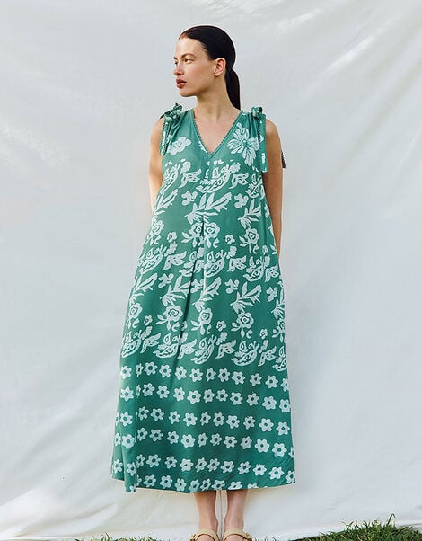 East Aggie Hand-Batik Floral Green Dress, Green (GREEN), large