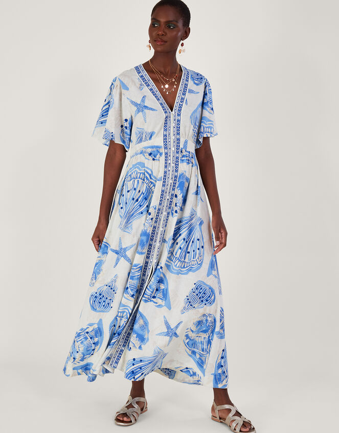 Shell Print Maxi Kaftan Dress in Linen Blend, Ivory (IVORY), large