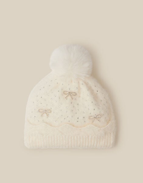 Sparkle Bow Beanie Hat, Ivory (IVORY), large