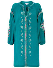 Shada Embroidered Dress in Organic Cotton, Teal (TEAL), large