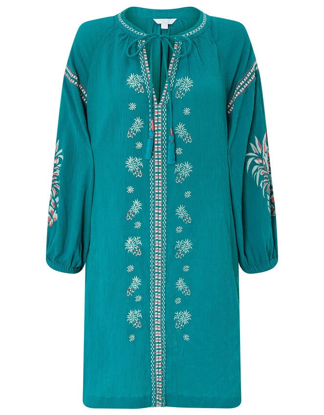 Shada Embroidered Dress in Organic Cotton, Teal (TEAL), large