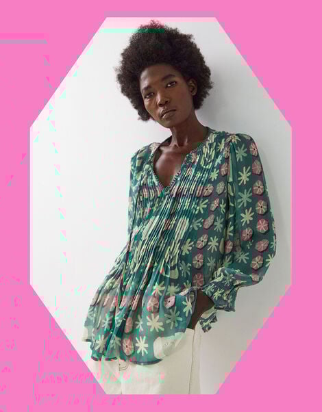 East Charlize Printed Pintuck Blouse, Green (GREEN), large