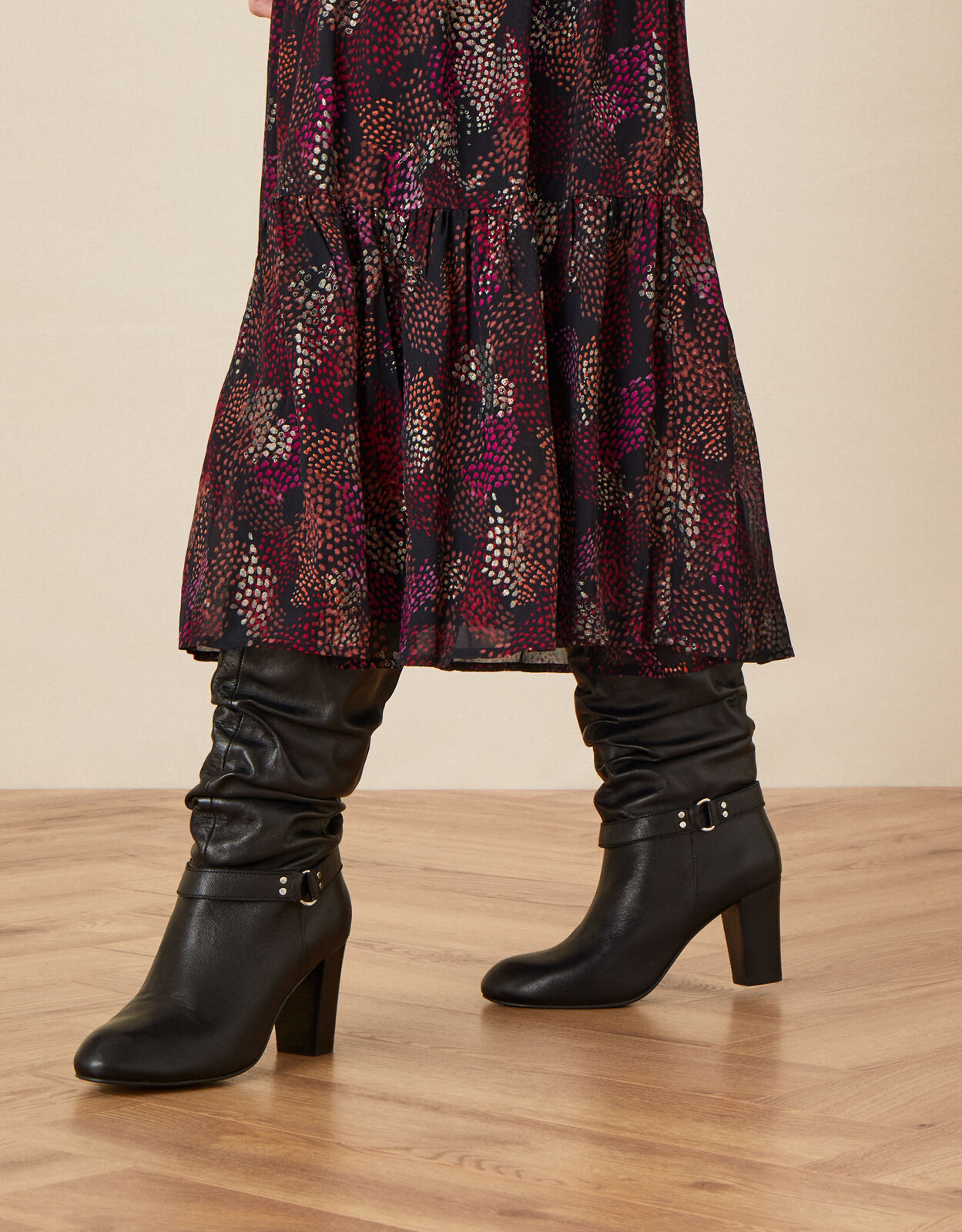 Belle Buckle Slouch Leather Boots Black