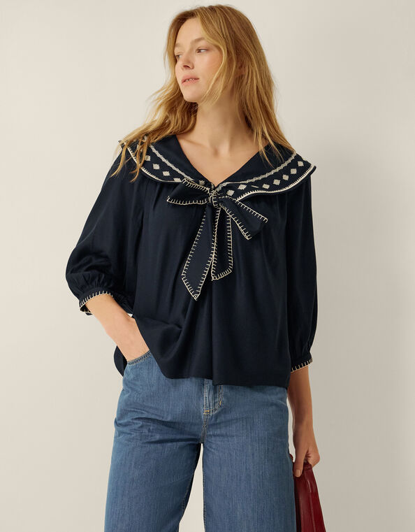 Lila Embroidered Sailor Collar Top, Blue (NAVY), large